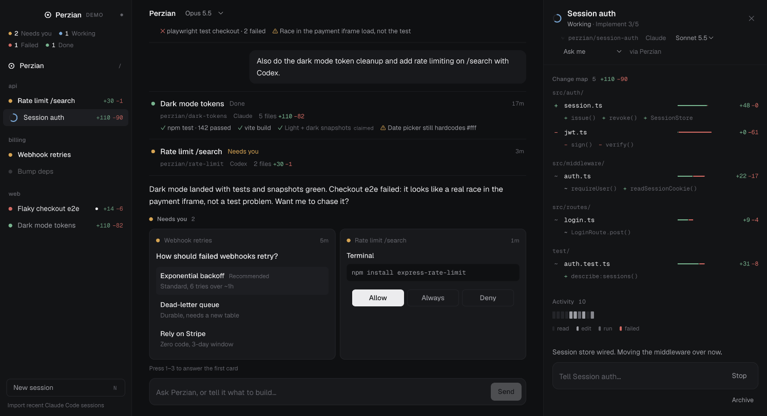 Perzian app: sessions on the left, the lead agent and two decision cards in the middle, and a session's function-level change map on the right.